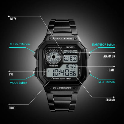 Digital Sport Watch - Men's Waterproof Stainless Steel Band Retro Chronograph Wristwatch - ZOOMNSTORE