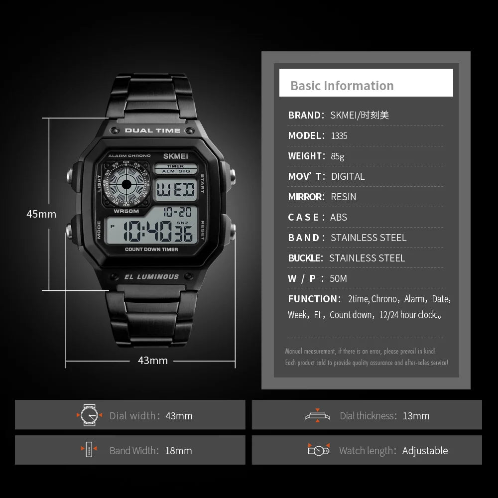 Digital Sport Watch - Men's Waterproof Stainless Steel Band Retro Chronograph Wristwatch - ZOOMNSTORE