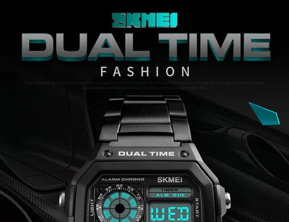 Digital Sport Watch - Men's Waterproof Stainless Steel Band Retro Chronograph Wristwatch - ZOOMNSTORE