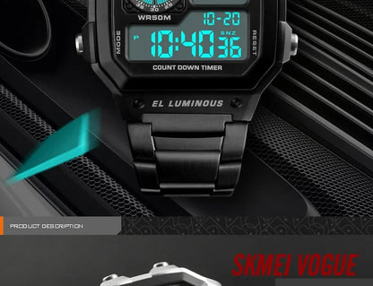 Digital Sport Watch - Men's Waterproof Stainless Steel Band Retro Chronograph Wristwatch - ZOOMNSTORE