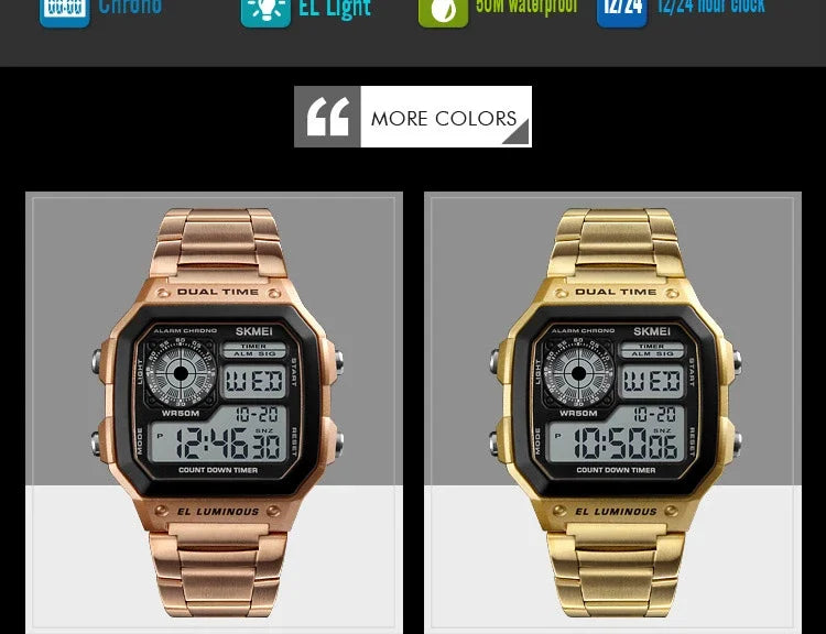 Digital Sport Watch - Men's Waterproof Stainless Steel Band Retro Chronograph Wristwatch - ZOOMNSTORE