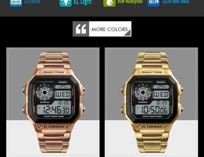 Digital Sport Watch - Men's Waterproof Stainless Steel Band Retro Chronograph Wristwatch - ZOOMNSTORE