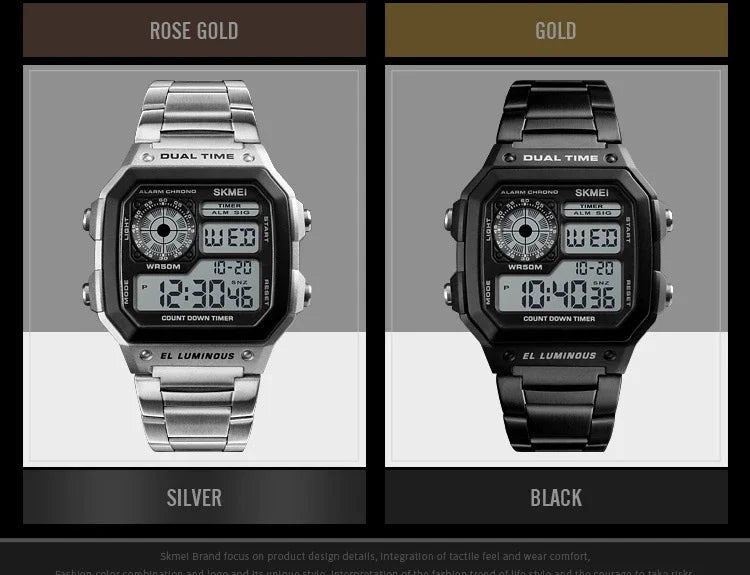 Digital Sport Watch - Men's Waterproof Stainless Steel Band Retro Chronograph Wristwatch - ZOOMNSTORE