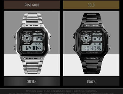 Digital Sport Watch - Men's Waterproof Stainless Steel Band Retro Chronograph Wristwatch - ZOOMNSTORE