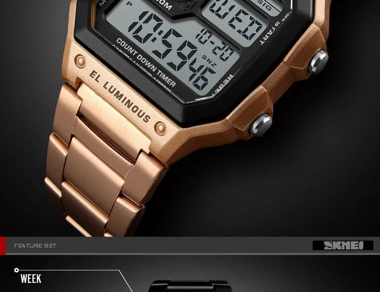 Digital Sport Watch - Men's Waterproof Stainless Steel Band Retro Chronograph Wristwatch - ZOOMNSTORE