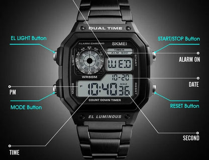 Digital Sport Watch - Men's Waterproof Stainless Steel Band Retro Chronograph Wristwatch - ZOOMNSTORE