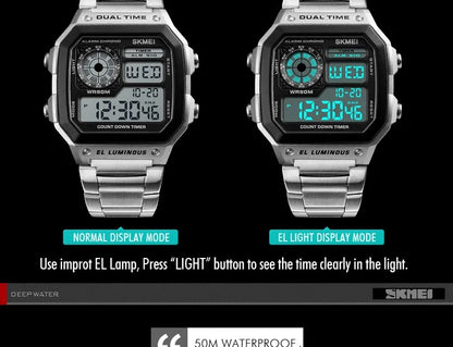 Digital Sport Watch - Men's Waterproof Stainless Steel Band Retro Chronograph Wristwatch - ZOOMNSTORE