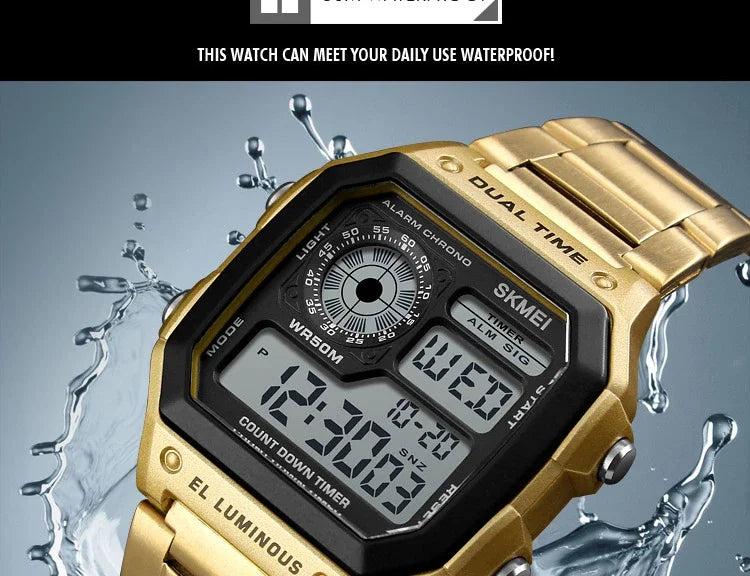 Digital Sport Watch - Men's Waterproof Stainless Steel Band Retro Chronograph Wristwatch - ZOOMNSTORE
