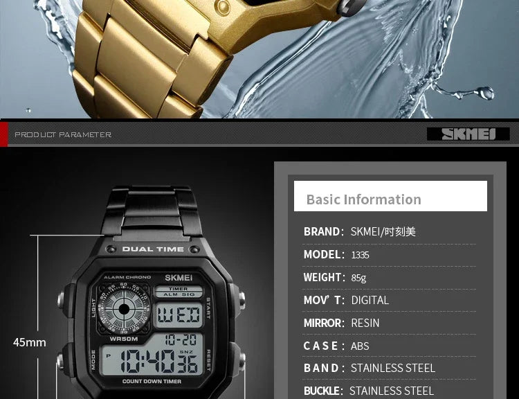Digital Sport Watch - Men's Waterproof Stainless Steel Band Retro Chronograph Wristwatch - ZOOMNSTORE