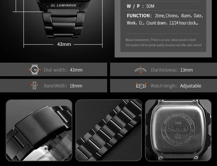 Digital Sport Watch - Men's Waterproof Stainless Steel Band Retro Chronograph Wristwatch - ZOOMNSTORE