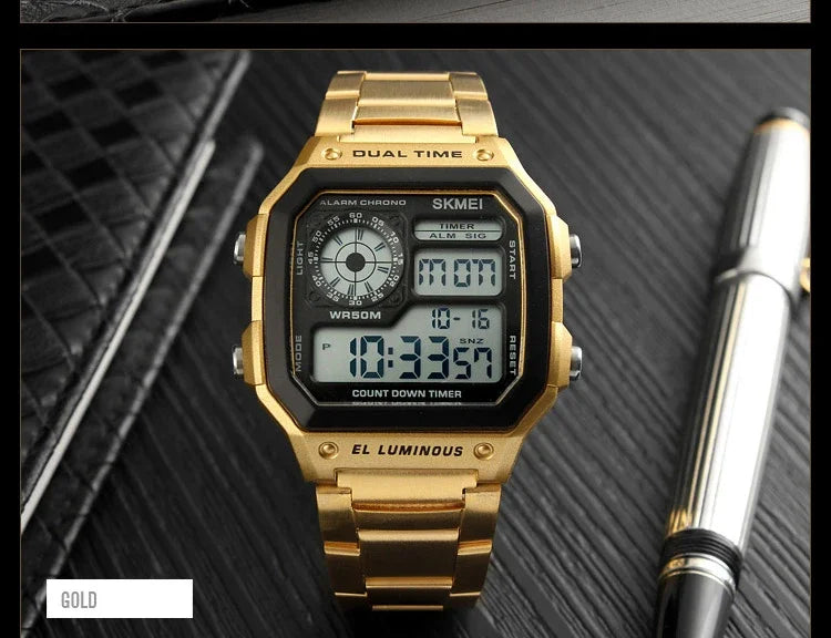 Digital Sport Watch - Men's Waterproof Stainless Steel Band Retro Chronograph Wristwatch - ZOOMNSTORE