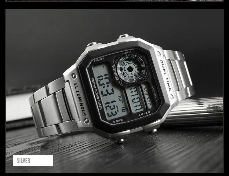 Digital Sport Watch - Men's Waterproof Stainless Steel Band Retro Chronograph Wristwatch - ZOOMNSTORE
