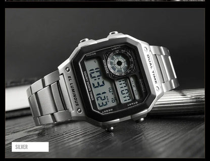 Digital Sport Watch - Men's Waterproof Stainless Steel Band Retro Chronograph Wristwatch - ZOOMNSTORE
