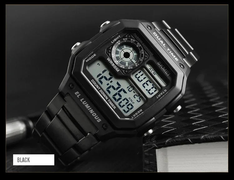 Digital Sport Watch - Men's Waterproof Stainless Steel Band Retro Chronograph Wristwatch - ZOOMNSTORE