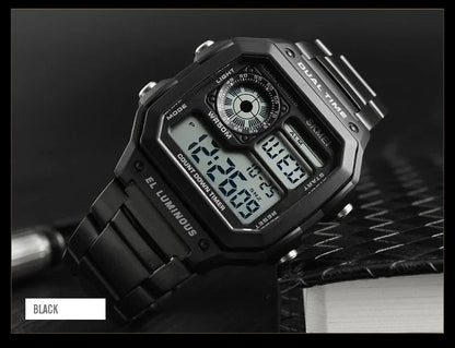 Digital Sport Watch - Men's Waterproof Stainless Steel Band Retro Chronograph Wristwatch - ZOOMNSTORE