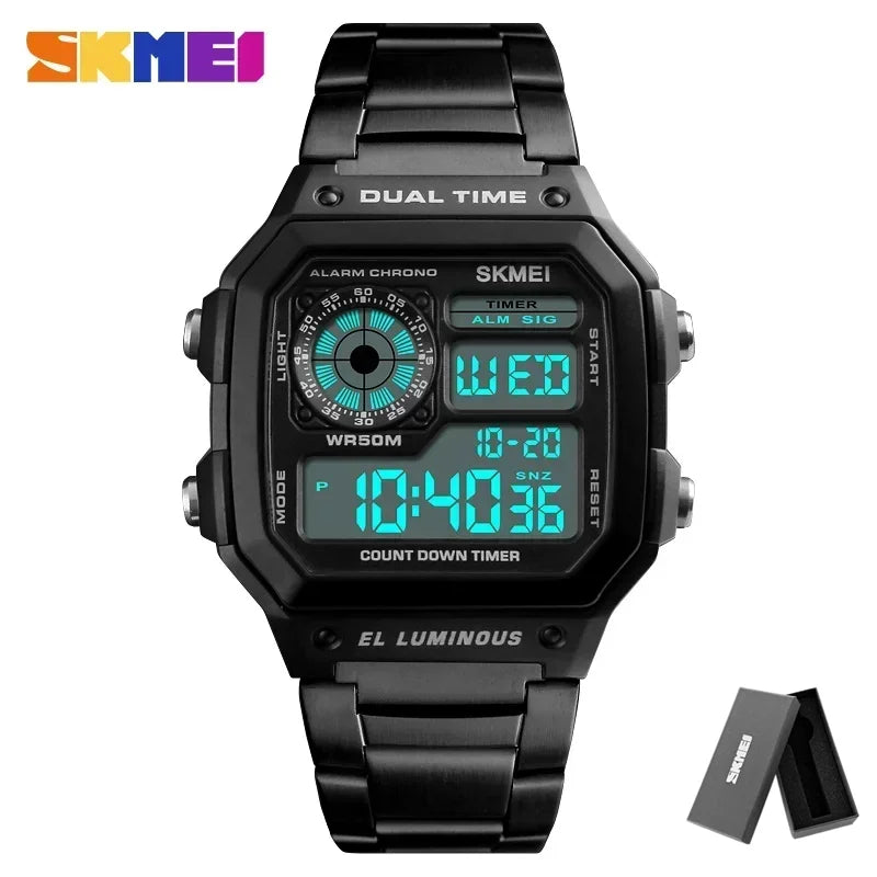 Digital Sport Watch - Men's Waterproof Stainless Steel Band Retro Chronograph Wristwatch - ZOOMNSTORE