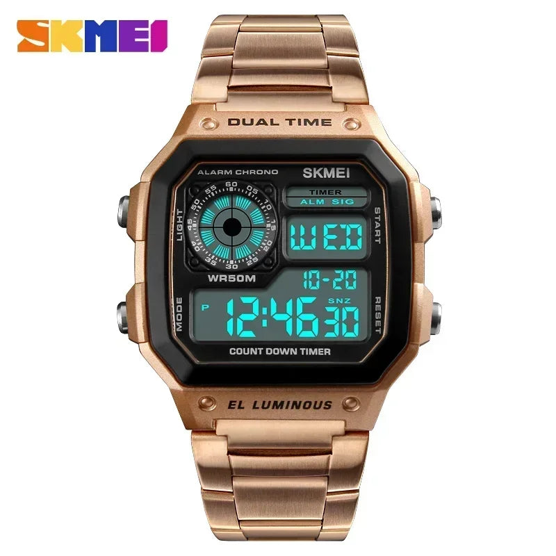 Digital Sport Watch - Men's Waterproof Stainless Steel Band Retro Chronograph Wristwatch - ZOOMNSTORE