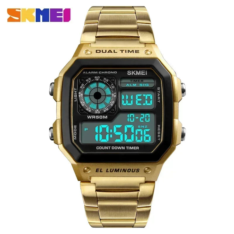 Digital Sport Watch - Men's Waterproof Stainless Steel Band Retro Chronograph Wristwatch - ZOOMNSTORE