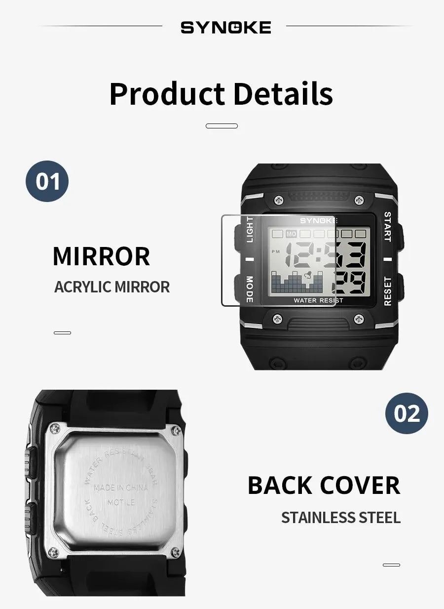 Digital Sports Watch - Waterproof Large Screen Square Dial Men's Electronic Timepiece - ZOOMNSTORE