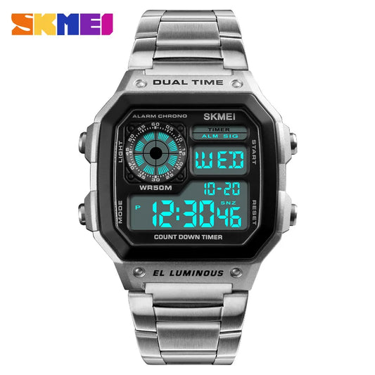 SKMEI 1335 Mens Digital Sports Watch - Retro Waterproof Stainless Steel Chrono Wristwatch - ZOOMNSTORE