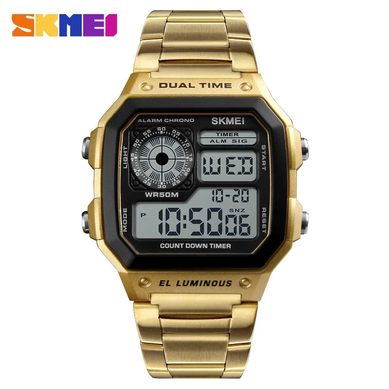 SKMEI 1335 Mens Digital Sports Watch - Retro Waterproof Stainless Steel Chrono Wristwatch - ZOOMNSTORE