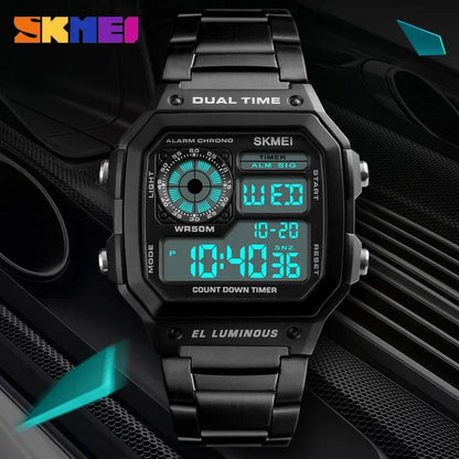 SKMEI 1335 Mens Digital Sports Watch - Retro Waterproof Stainless Steel Chrono Wristwatch - ZOOMNSTORE