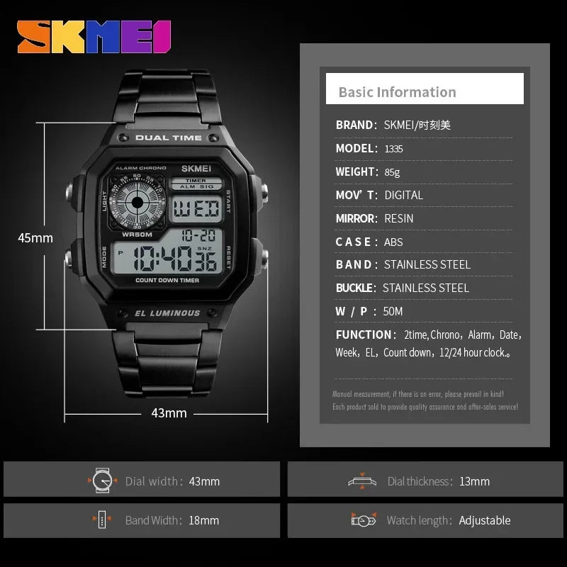 SKMEI 1335 Mens Digital Sports Watch - Retro Waterproof Stainless Steel Chrono Wristwatch - ZOOMNSTORE