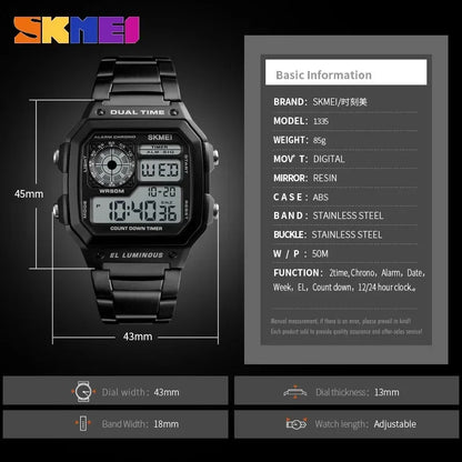 SKMEI 1335 Mens Digital Sports Watch - Retro Waterproof Stainless Steel Chrono Wristwatch - ZOOMNSTORE