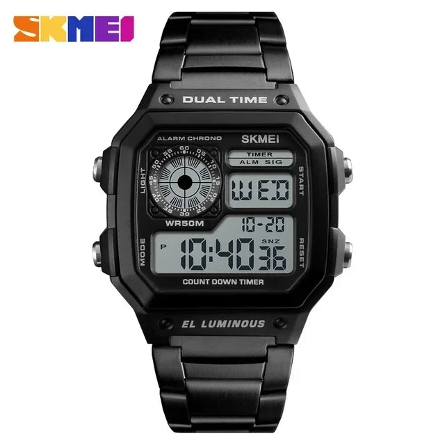 SKMEI 1335 Mens Digital Sports Watch - Retro Waterproof Stainless Steel Chrono Wristwatch - ZOOMNSTORE