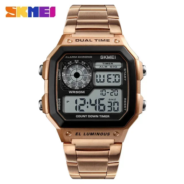 SKMEI 1335 Mens Digital Sports Watch - Retro Waterproof Stainless Steel Chrono Wristwatch - ZOOMNSTORE