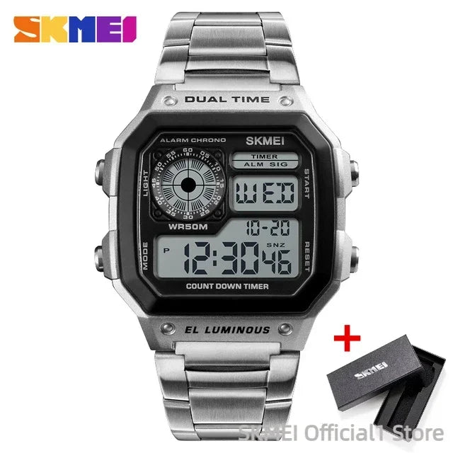 SKMEI 1335 Mens Digital Sports Watch - Retro Waterproof Stainless Steel Chrono Wristwatch - ZOOMNSTORE