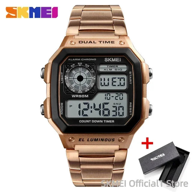 SKMEI 1335 Mens Digital Sports Watch - Retro Waterproof Stainless Steel Chrono Wristwatch - ZOOMNSTORE