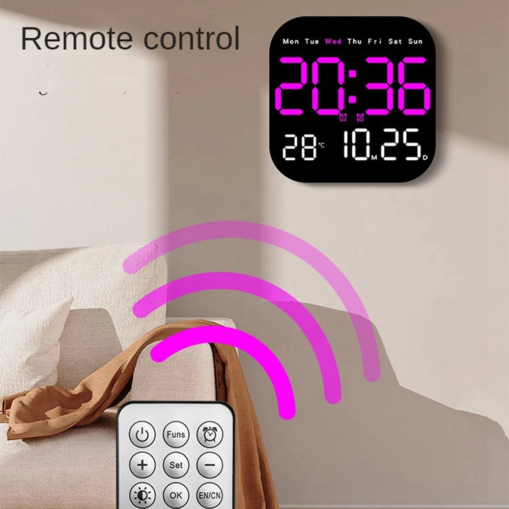 Digital Wall Clock with Temperature and Date - LED Alarm Clock 1224H Remote Control - ZOOMNSTORE