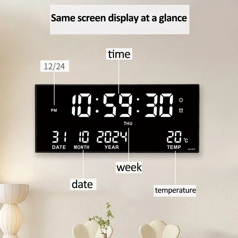 Large Digital Wall Clock with Alarm Temperature  Date Display - 14 LED Plug-In Clock - ZOOMNSTORE