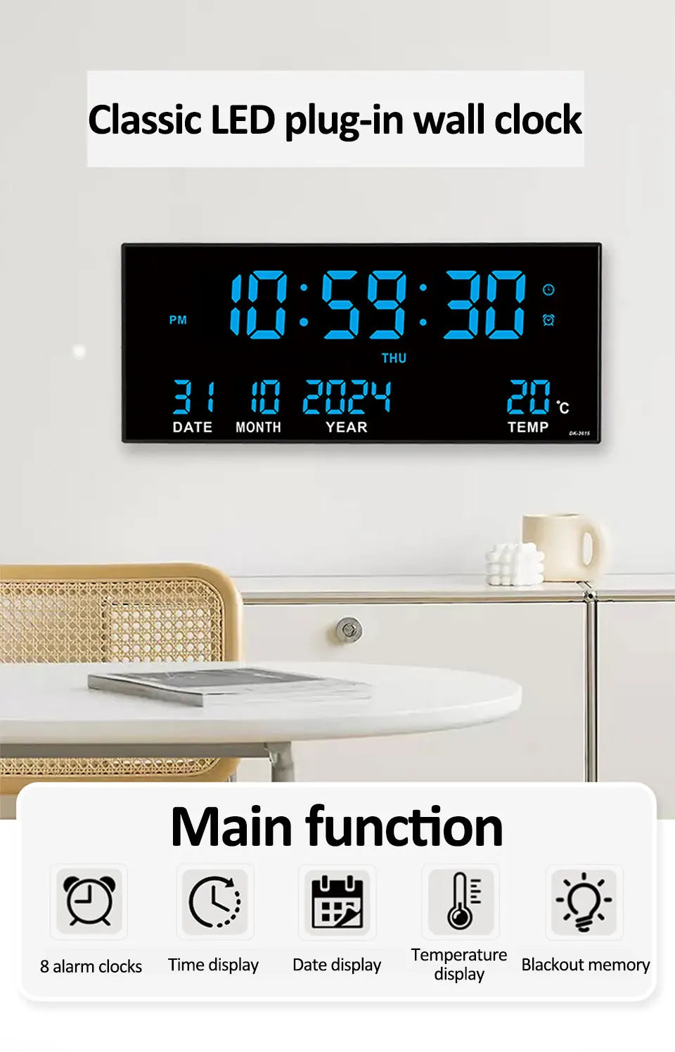 Large Digital Wall Clock with Alarm Temperature  Date Display - 14 LED Plug-In Clock - ZOOMNSTORE