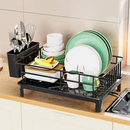 Dish Draining Rack - Kitchen Cutlery Holder with Drain Tray and Cup Storage - ZOOMNSTORE