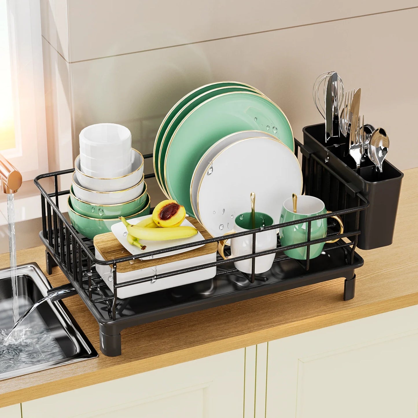 Dish Draining Rack - Kitchen Cutlery Holder with Drain Tray and Cup Storage - ZOOMNSTORE