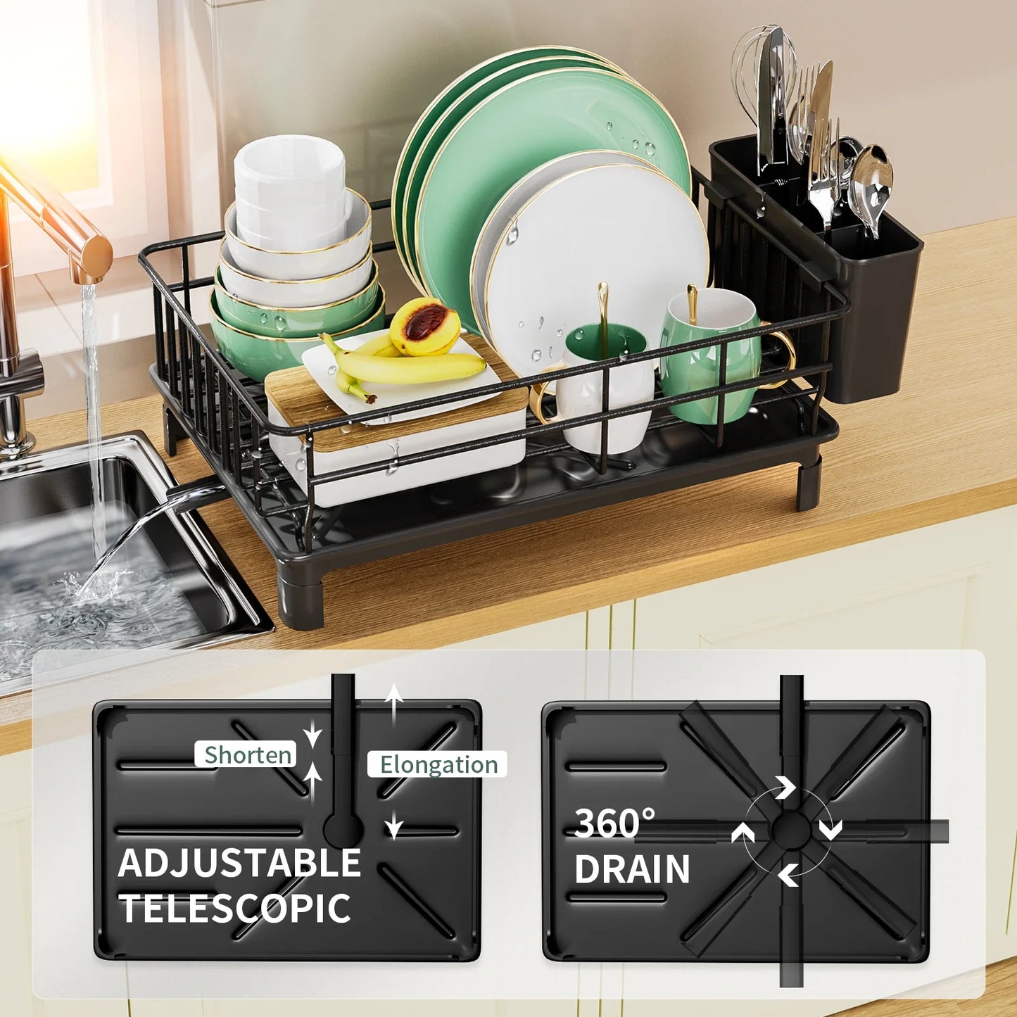 Dish Draining Rack - Kitchen Cutlery Holder with Drain Tray and Cup Storage - ZOOMNSTORE