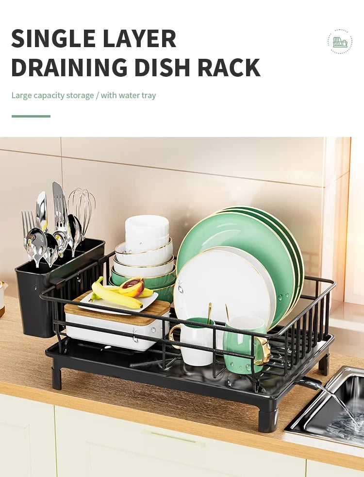 Dish Draining Rack - Kitchen Cutlery Holder with Drain Tray and Cup Storage - ZOOMNSTORE