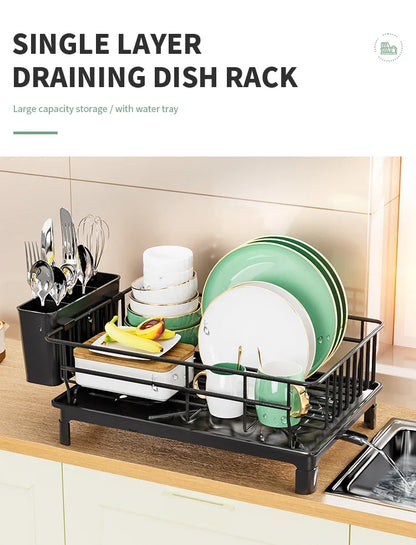 Dish Draining Rack - Kitchen Cutlery Holder with Drain Tray and Cup Storage - ZOOMNSTORE
