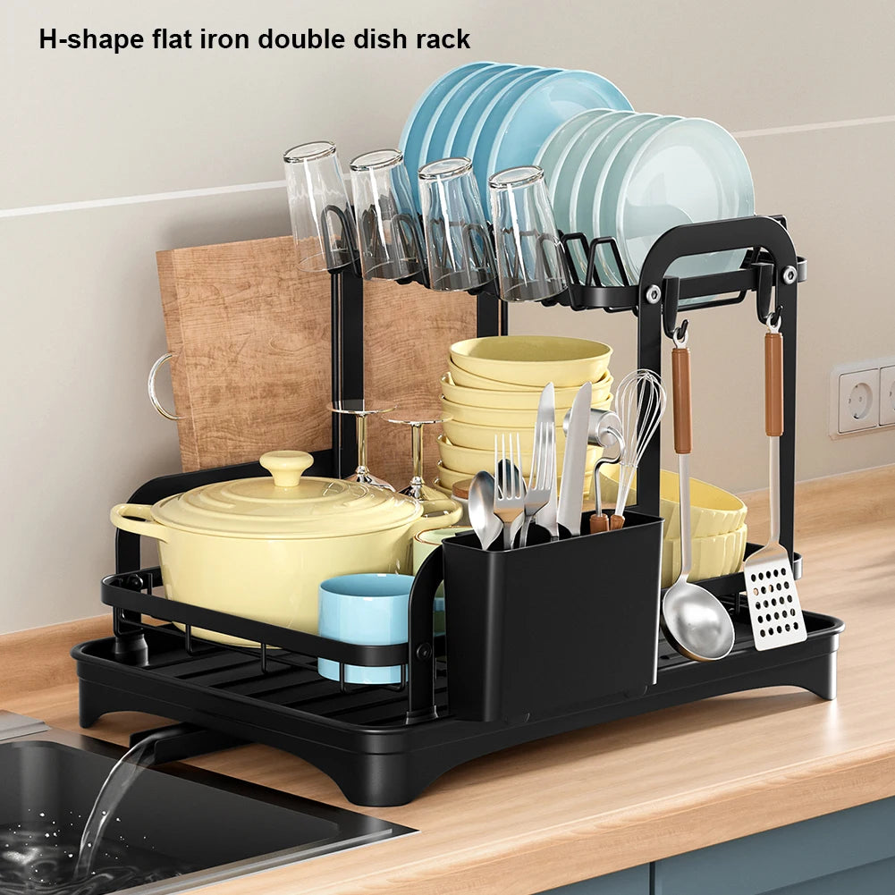 2-Tier Dish Drying Rack - Kitchen Storage Organizer with Drain Basket - ZOOMNSTORE