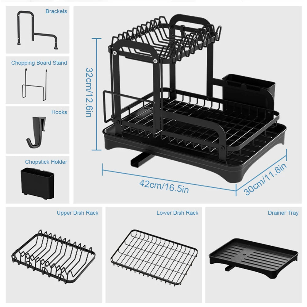 2-Tier Dish Drying Rack - Kitchen Storage Organizer with Drain Basket - ZOOMNSTORE
