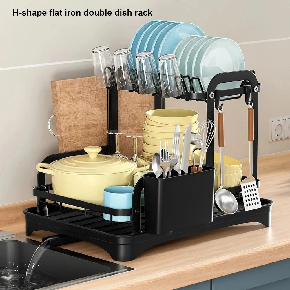 2-Tier Dish Drying Rack - Kitchen Storage Organizer with Drain Basket - ZOOMNSTORE