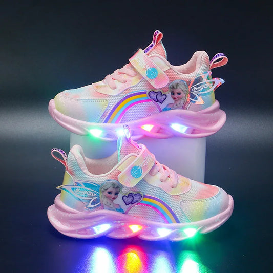 Disney Princess Elsa Sneakers - Girls LED Light Up Sports Shoes Breathable Mesh Pink Purple Sizes 22-37 - ZOOMNSTORE