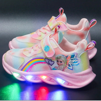 Disney Princess Elsa Sneakers - Girls LED Light Up Sports Shoes Breathable Mesh Pink Purple Sizes 22-37 - ZOOMNSTORE
