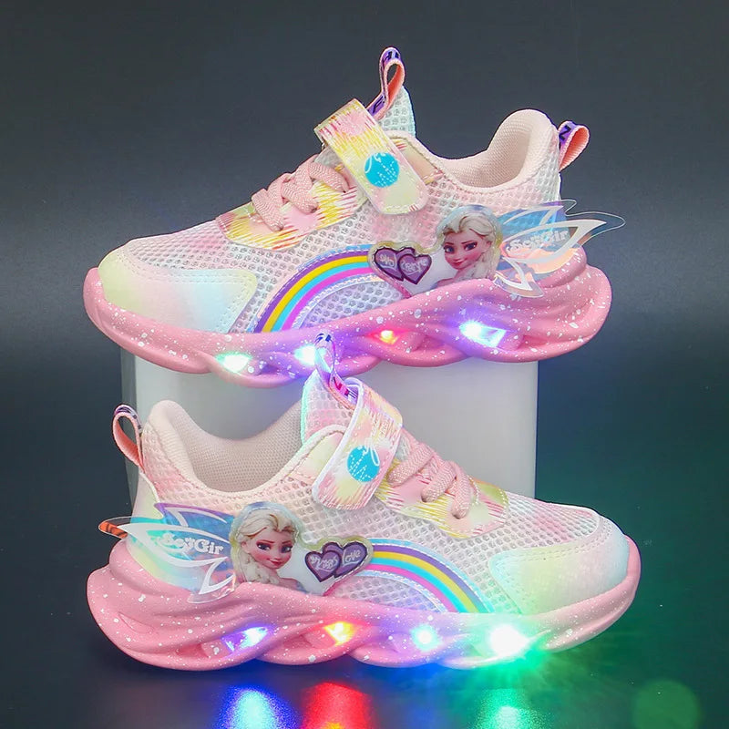 Disney Princess Elsa Sneakers - Girls LED Light Up Sports Shoes Breathable Mesh Pink Purple Sizes 22-37 - ZOOMNSTORE