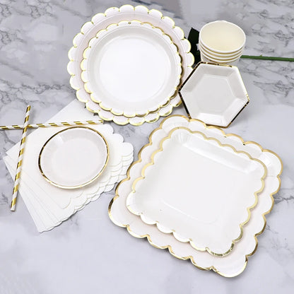 White Gold Disposable Tableware Set - Party Wedding Birthday Baby Shower Supplies - ZOOMNSTORE