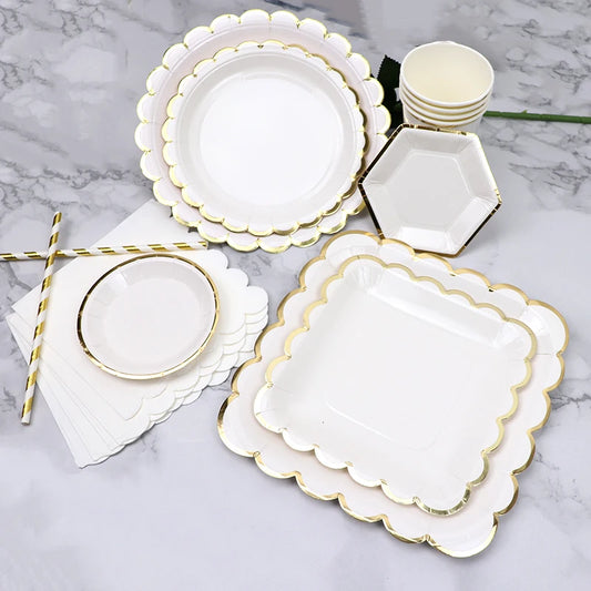 White Gold Disposable Tableware Set - Party Wedding Birthday Baby Shower Supplies - ZOOMNSTORE