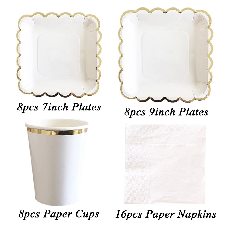 White Gold Disposable Tableware Set - Party Wedding Birthday Baby Shower Supplies - ZOOMNSTORE