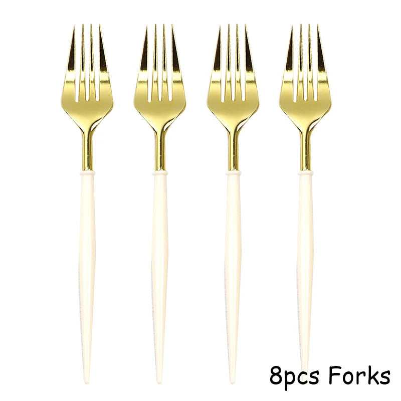 White Gold Disposable Tableware Set - Party Wedding Birthday Baby Shower Supplies - ZOOMNSTORE